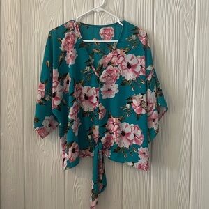 Floral Kimono Top with Tie Front